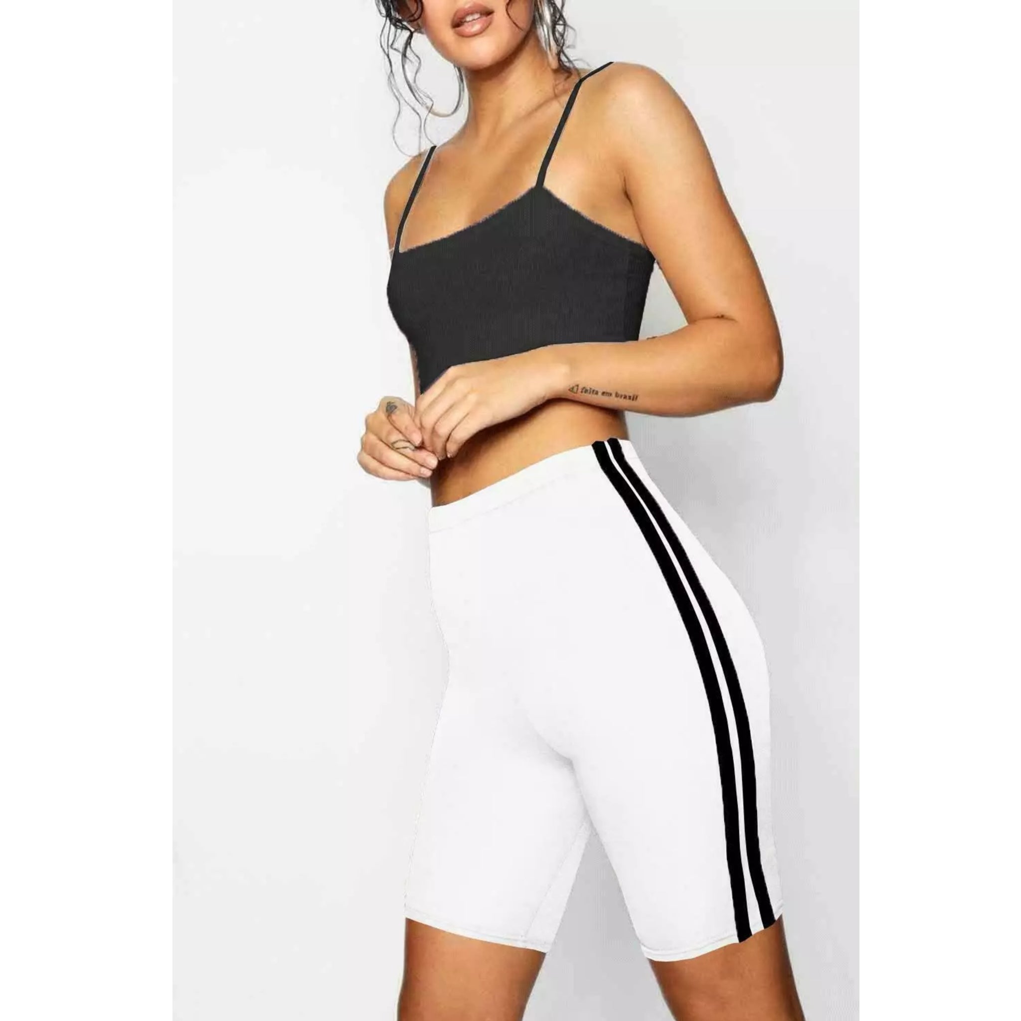 Ladies high-waisted cycling shorts – striped side panel in white